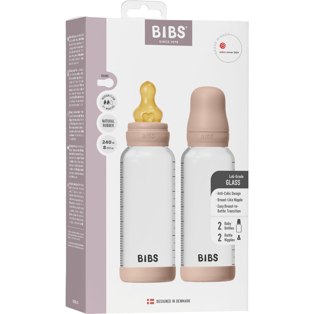 Bibs Blush Glass Baby Flaska Round Latex 2-Pack 240 Ml Medium Flow