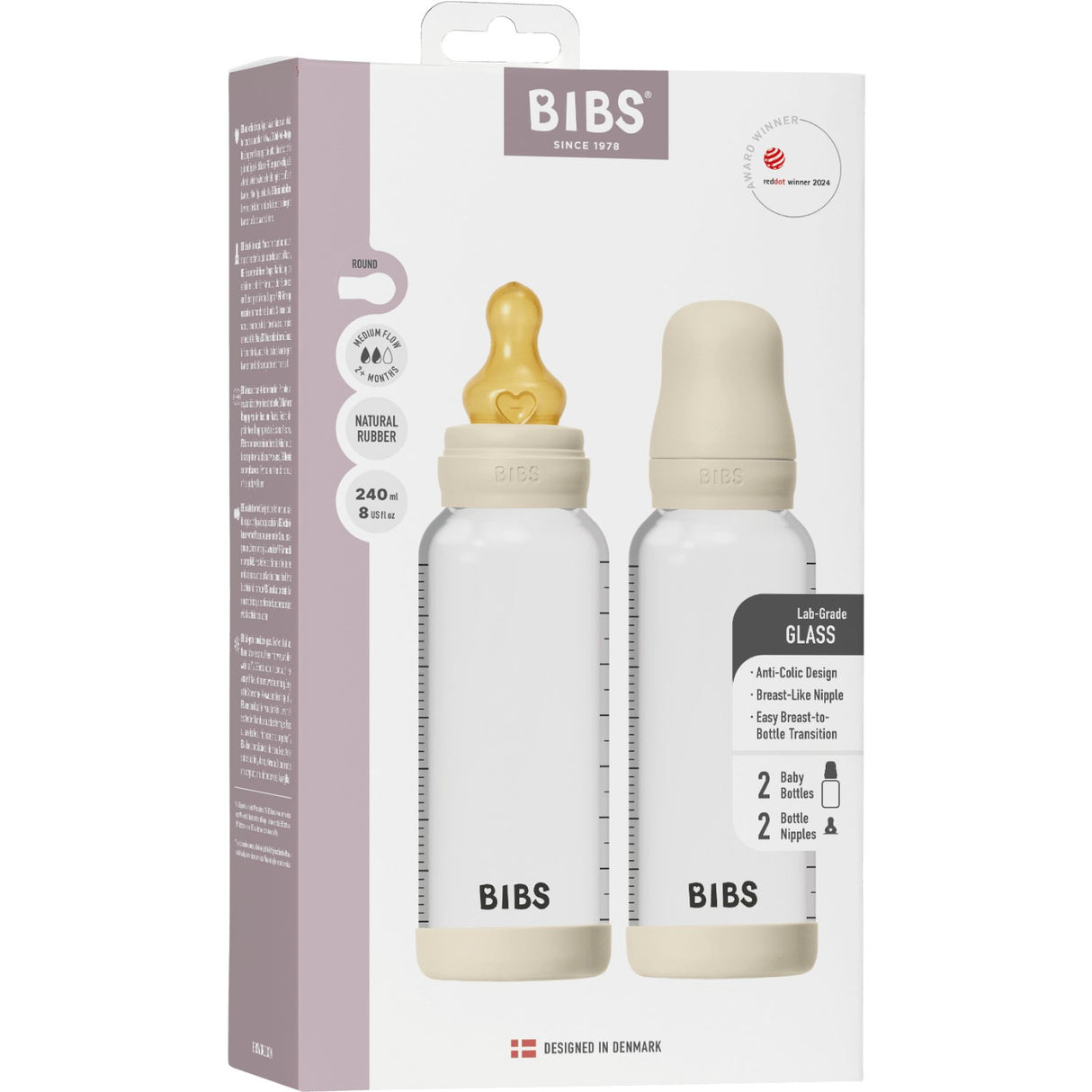 Bibs Ivory Glass Baby Flaska Round Latex 2-Pack 240 Ml Medium Flow