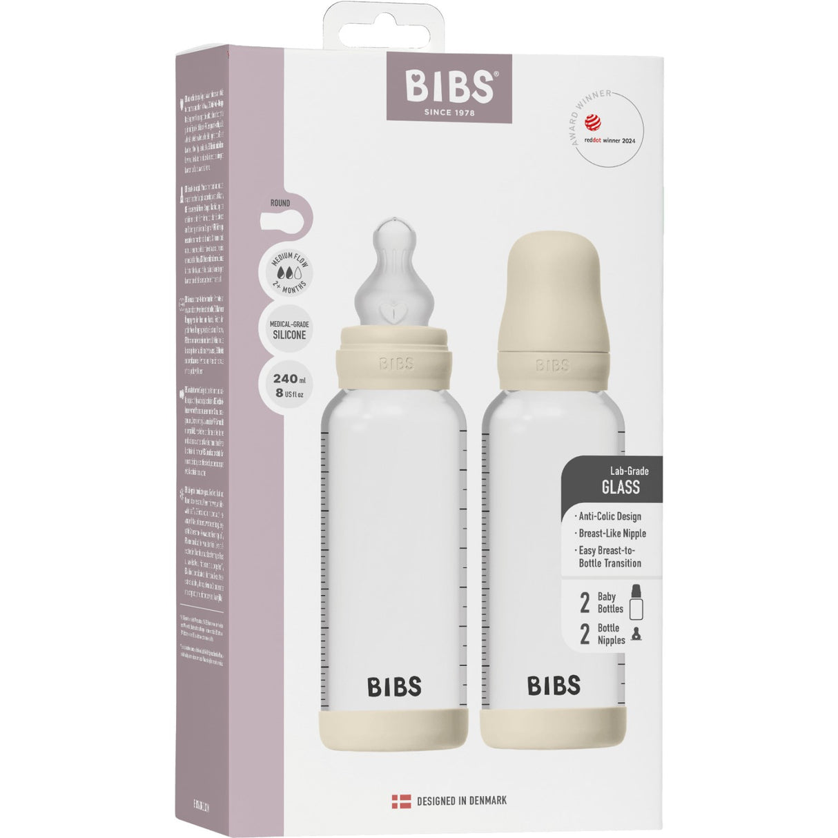 Bibs Ivory Glass Baby Flaska Round Silikon 2-Pack 240 Ml Medium Flow