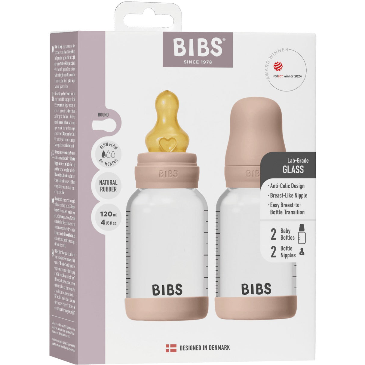 Bibs Blush Glass Baby Flaska Round Latex 2-Pack 120 Ml Slow Flow