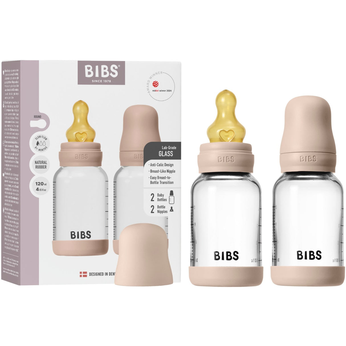 Bibs Blush Glass Baby Flaska Round Latex 2-Pack 120 Ml Slow Flow