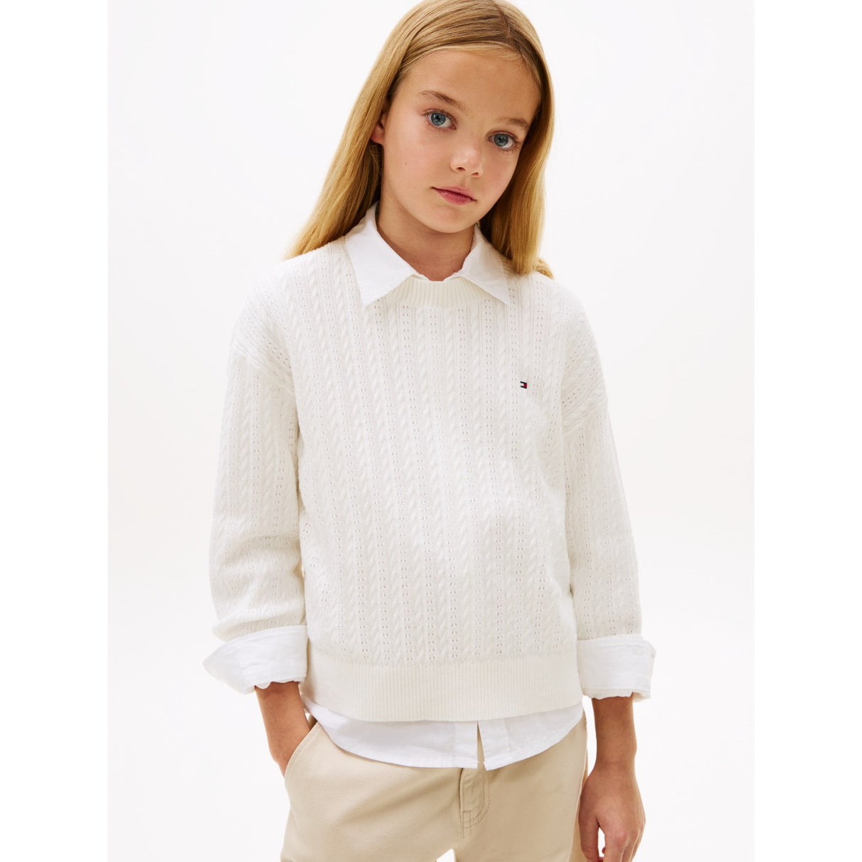 Tommy Hilfiger Ivory Silk Pointelle Cable Sweater