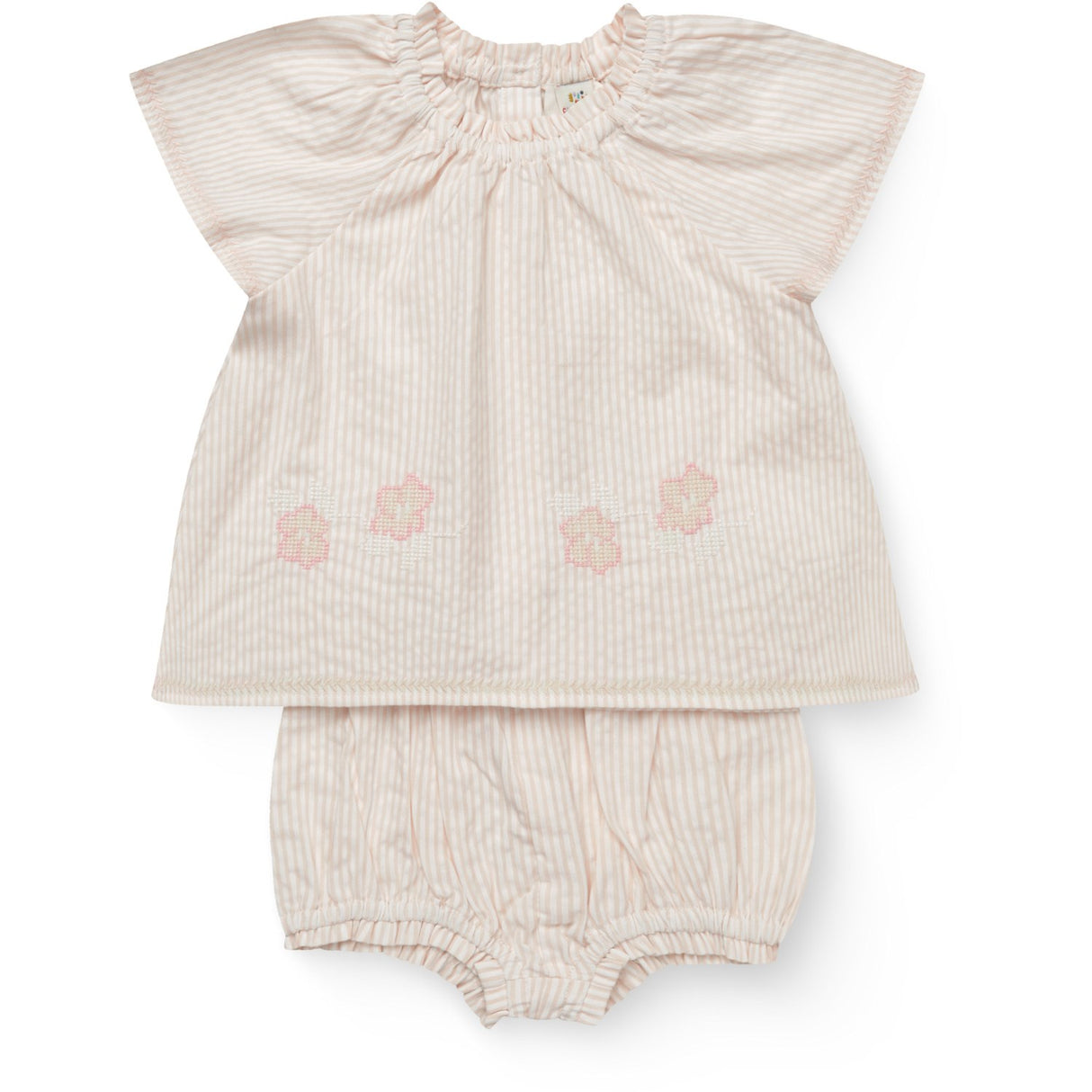 COPENHAGEN COLORS Dusty Rose W Cream Stripe W. Flower Seersucker Baby-Set W. Embroidery