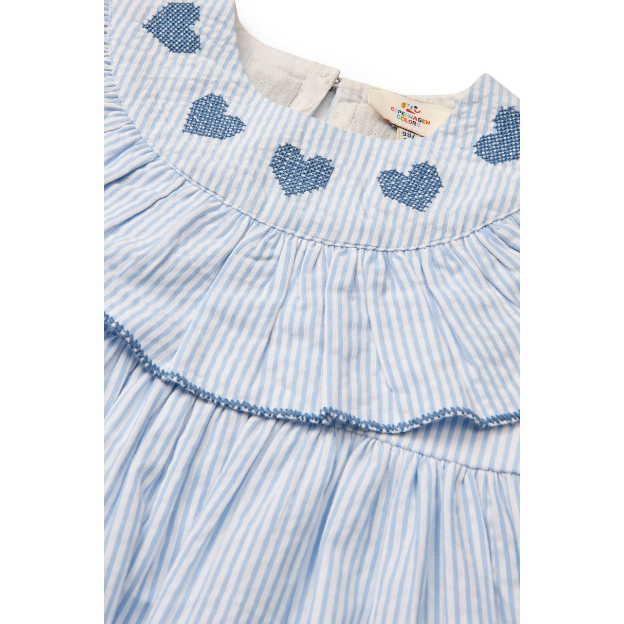 COPENHAGEN COLORS Sky Blue W Cream Stripe W Ocean Blue Seersucker Klänning W. Heart