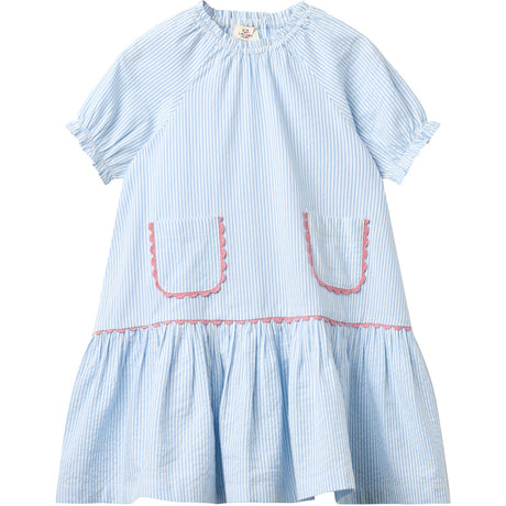 COPENHAGEN COLORS Sky Blue W Cream Stripe Seersucker Klänning W. Pockets