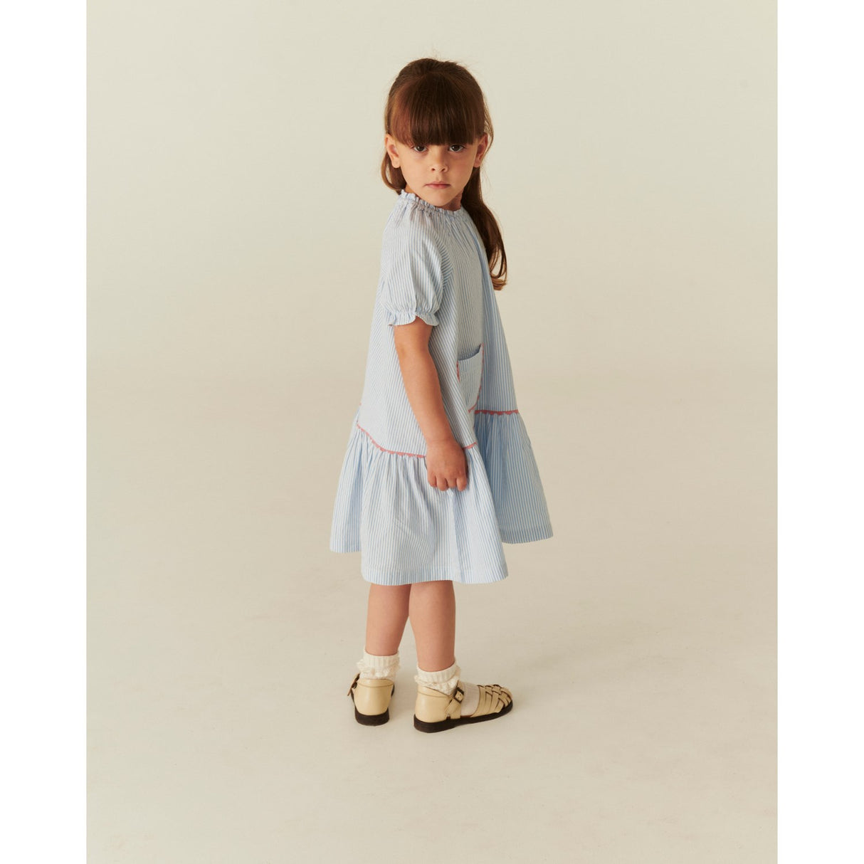 COPENHAGEN COLORS Sky Blue W Cream Stripe Seersucker Klänning W. Pockets