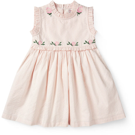 COPENHAGEN COLORS Dusty Rose W Cream Stripe Seersucker Klänning W. Ruffles Och Emb.