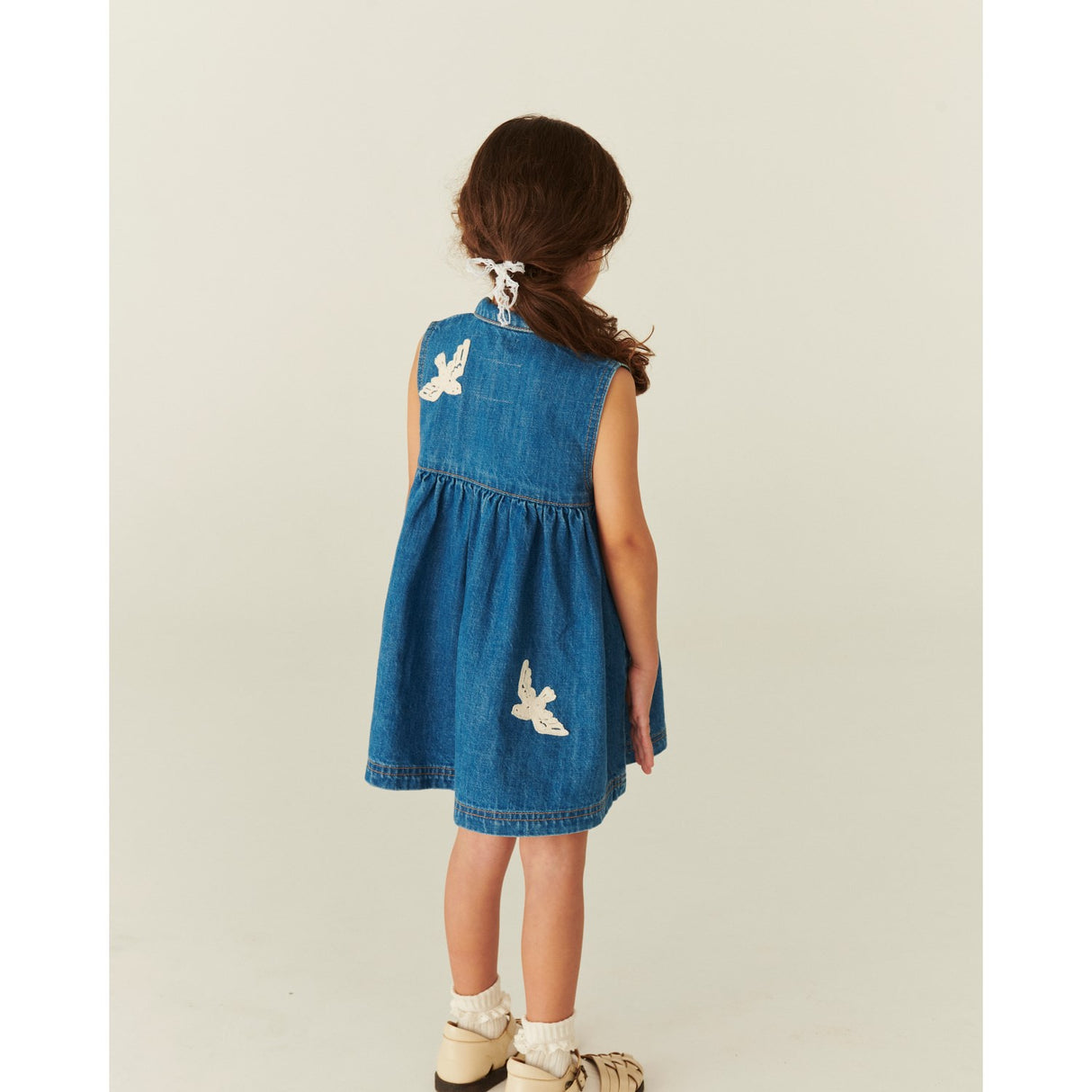 COPENHAGEN COLORS Indigo Blue Washed Denim Klänning W. Crochet Doves