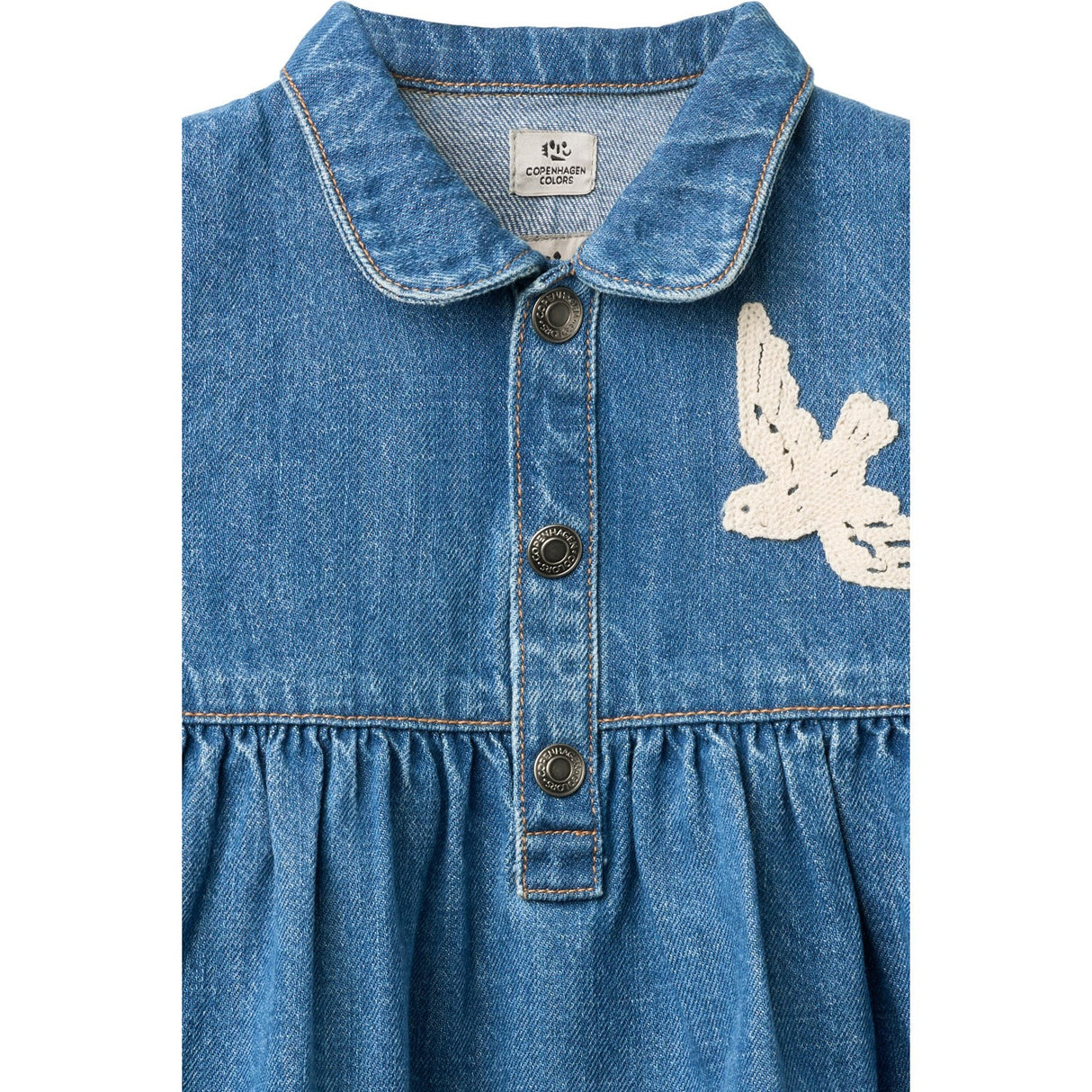 COPENHAGEN COLORS Indigo Blue Washed Denim Klänning W. Crochet Doves
