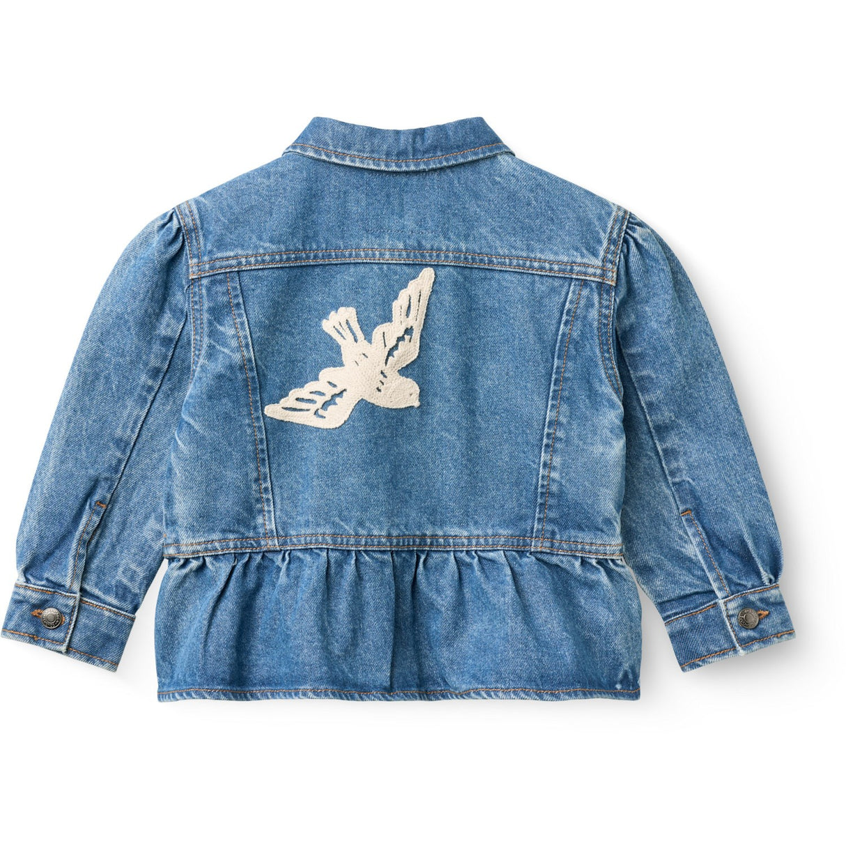 COPENHAGEN COLORS Indigo Blue Washed Denim Frill Jacka W. Crochet Doves