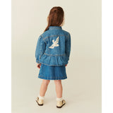 COPENHAGEN COLORS Indigo Blue Washed Denim Frill Jacka W. Crochet Doves