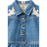 COPENHAGEN COLORS Indigo Blue Washed Denim Frill Jacka W. Crochet Doves