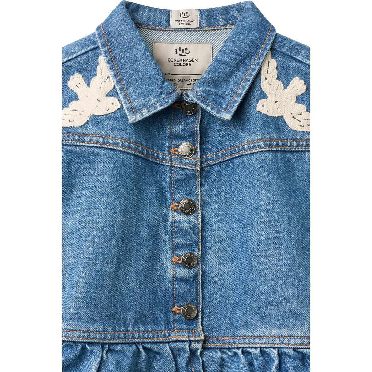 COPENHAGEN COLORS Indigo Blue Washed Denim Frill Jacka W. Crochet Doves