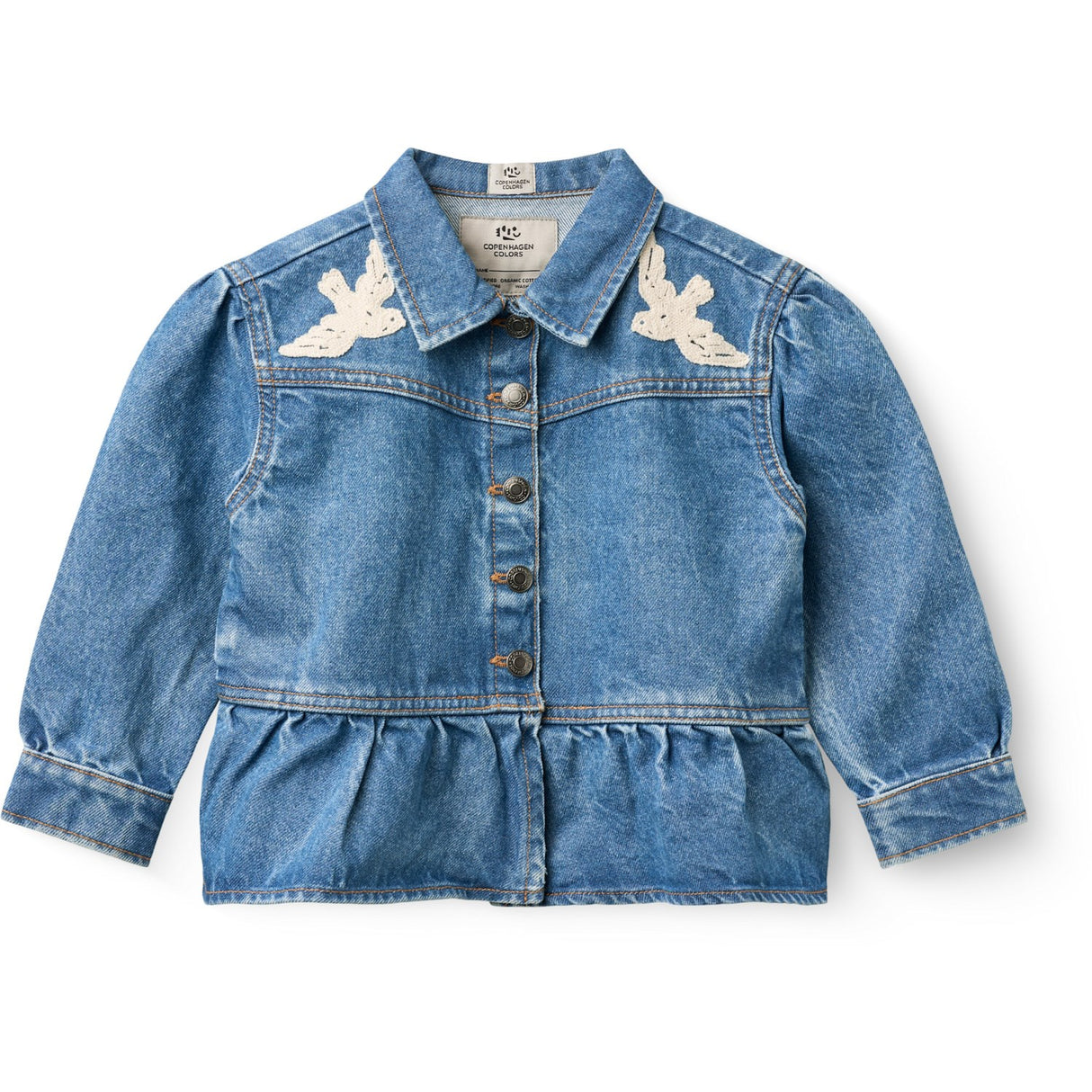 COPENHAGEN COLORS Indigo Blue Washed Denim Frill Jacka W. Crochet Doves