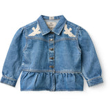 COPENHAGEN COLORS Indigo Blue Washed Denim Frill Jacka W. Crochet Doves