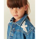 COPENHAGEN COLORS Indigo Blue Washed Denim Frill Jacka W. Crochet Doves