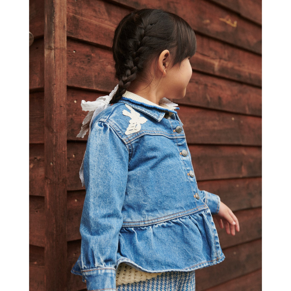 COPENHAGEN COLORS Indigo Blue Washed Denim Frill Jacka W. Crochet Doves