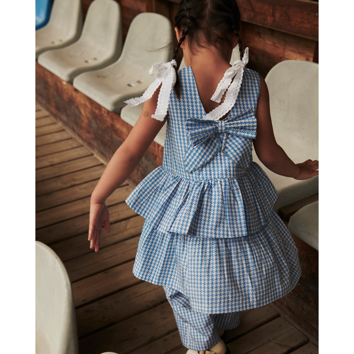 COPENHAGEN COLORS Blue Houndstooth Mini Houndstooth Klänning W. Rosett
