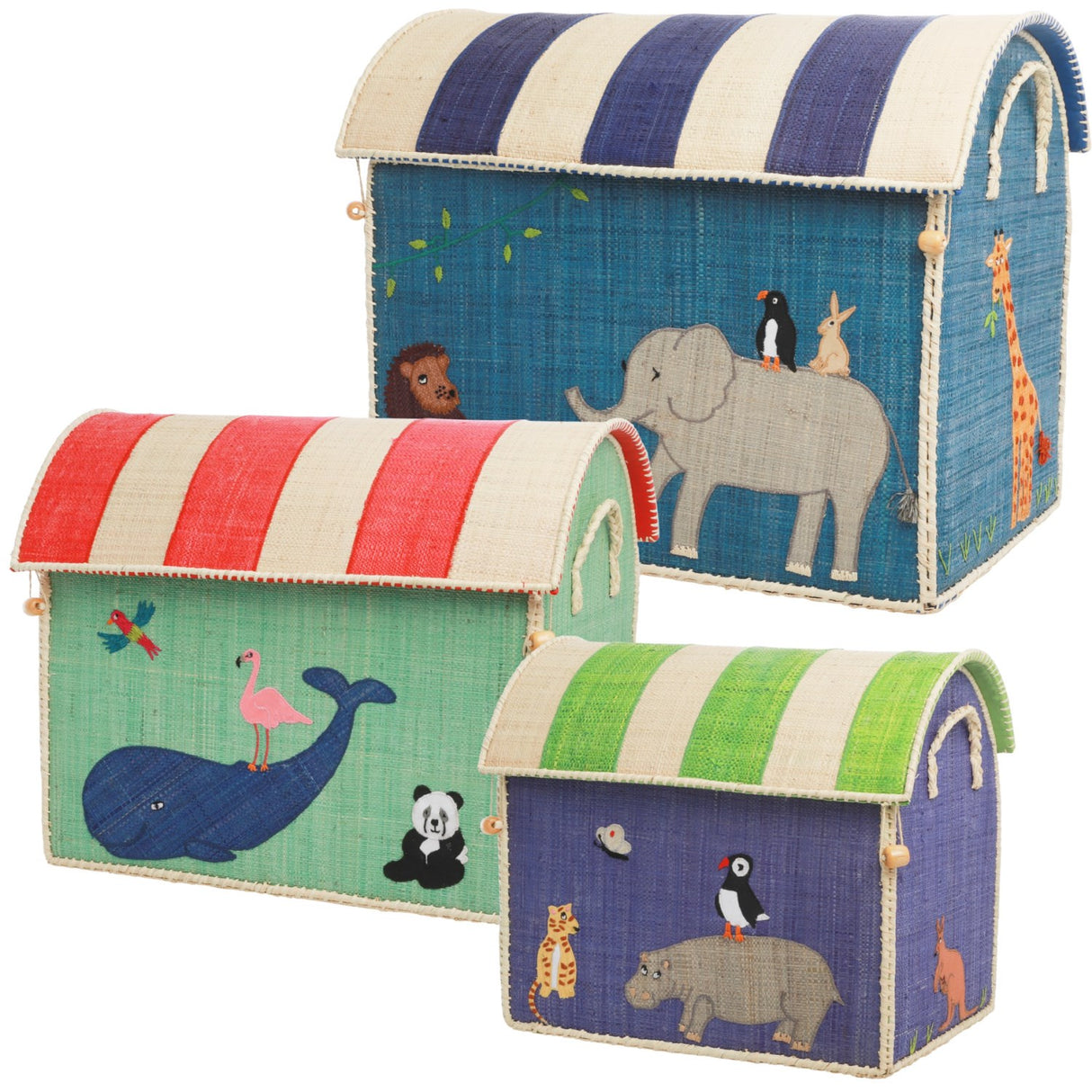 Rice Raffia Leksak Baskets Med Animal Theme - Sett Of 3