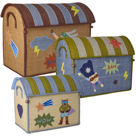 Rice Raffia Leksak Baskets Med Hero Theme - Blue - Sett Of 3