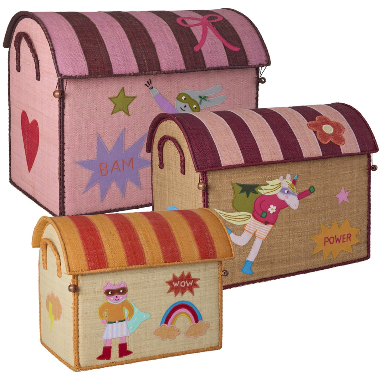 Rice Raffia Leksak Baskets Med Hero Theme - Pink - Sett Of 3