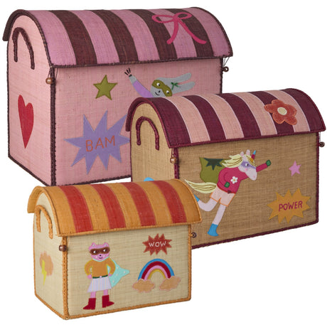 Rice Raffia Leksak Baskets Med Hero Theme - Pink - Sett Of 3
