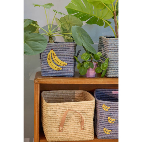Rice Raffia Square Korg Med Big Banana Embroidery Och Raffia Handles - Small