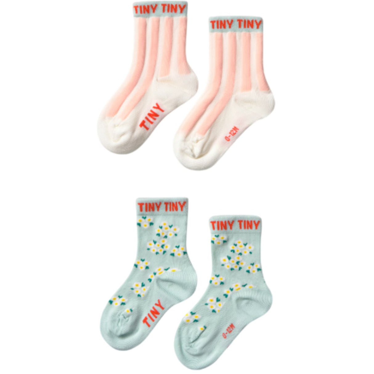 TinyCottons Pale Mint/off White Pink Stripes & Blossom Medium Strumpor