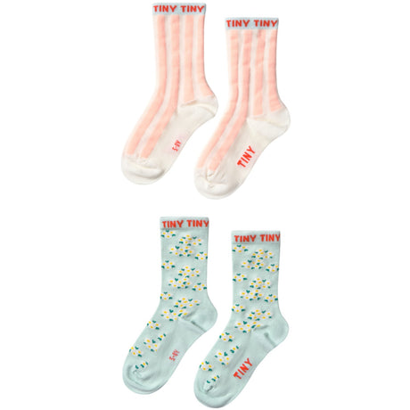 TinyCottons Pale Mint/off White Pink Stripes & Blossom Medium Strumpor