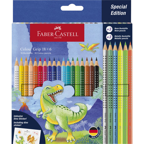 Faber-Castell 18+6 Grip Akvarellkritor + Klistermärken, Dinosaurie