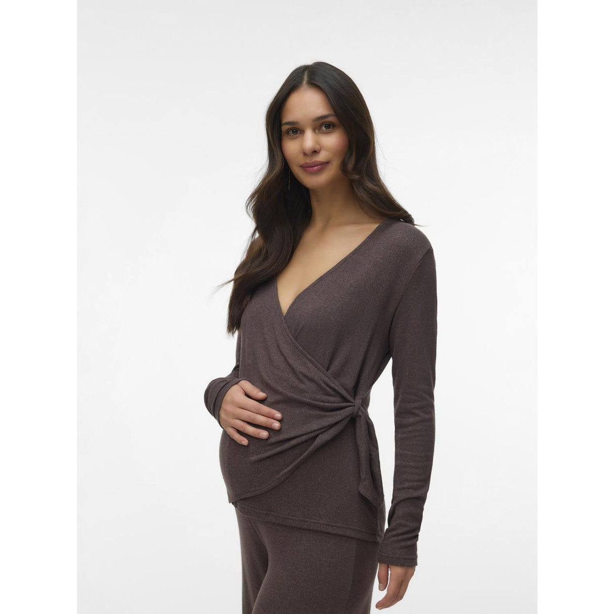 Mama;licious Chocolate Brown Melange Mlkira Tess Ls Jrs Topp 2F