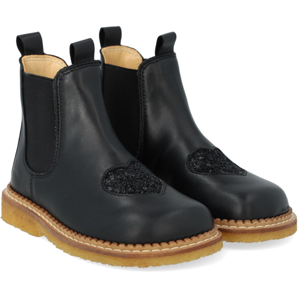 Angulus Black/Black Glitter/Black Elastic Chelsea Stövlar Med Hjerte