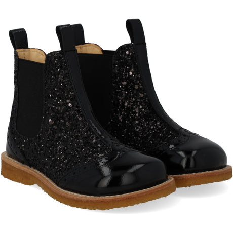 Angulus Black/Black Glitter/Black Elastic Chelsea Stövlar Med Glitter Og Brogues Detaljer