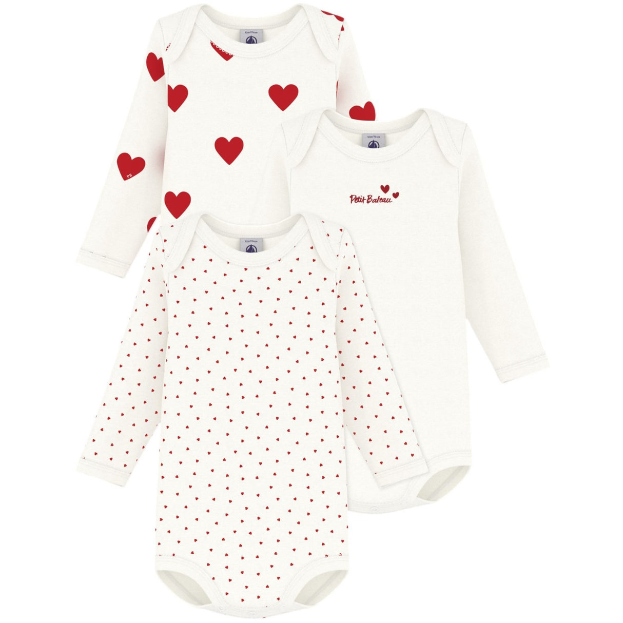 Petit Bateau Hearts/White Långärmad Body 3-pack