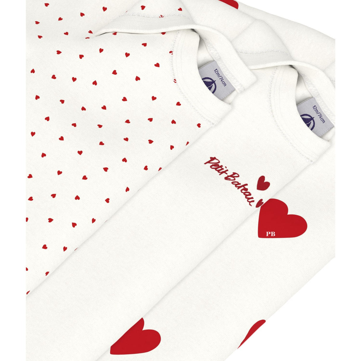 Petit Bateau Hearts/White Långärmad Body 3-pack