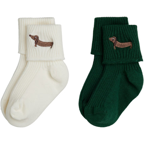 Mini Rodini Multi Dog Emb 2-Pack Ribbed Baby Strumpor