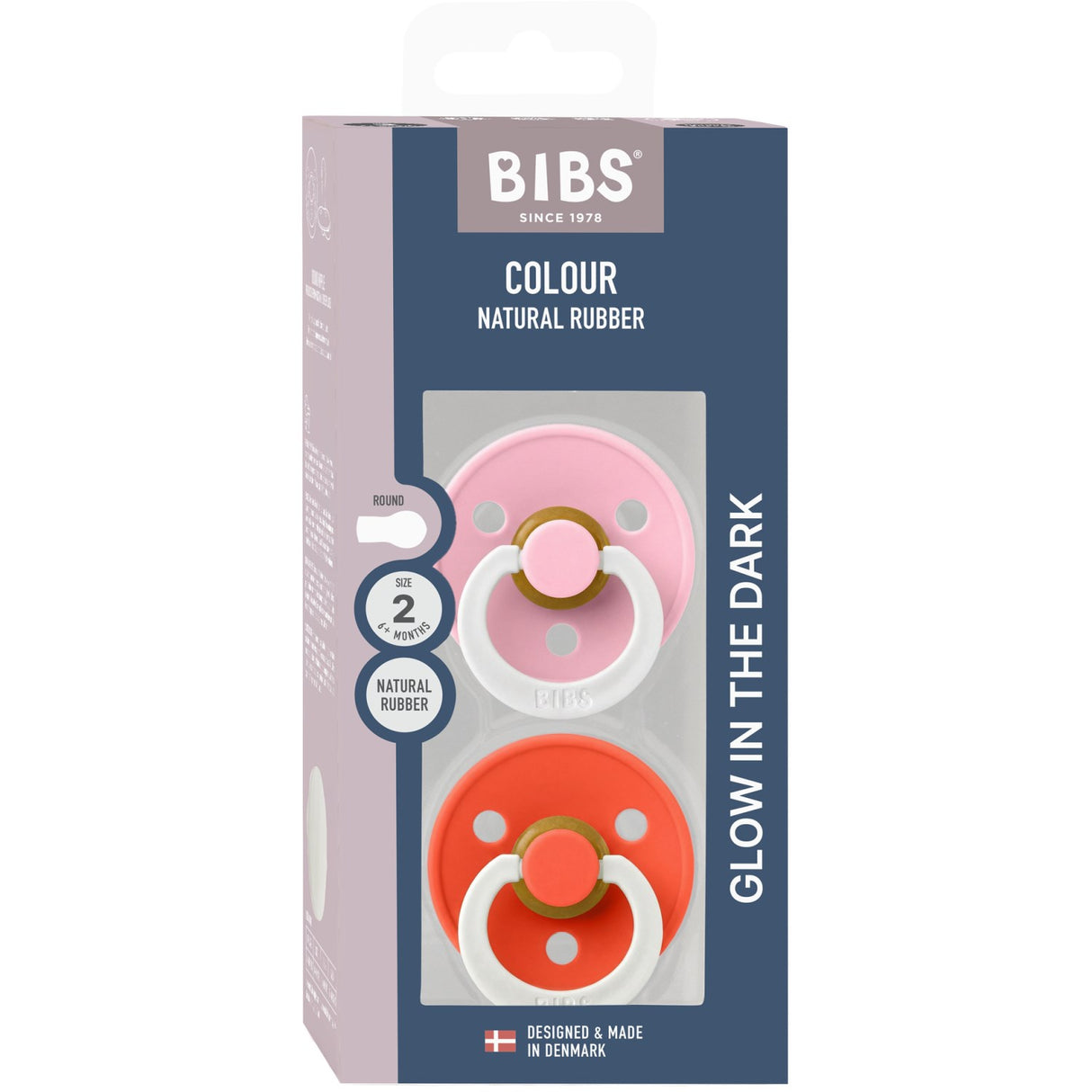 Bibs Baby Pink GLOW / Tango GLOW Napp Colour 2-Pack Latex