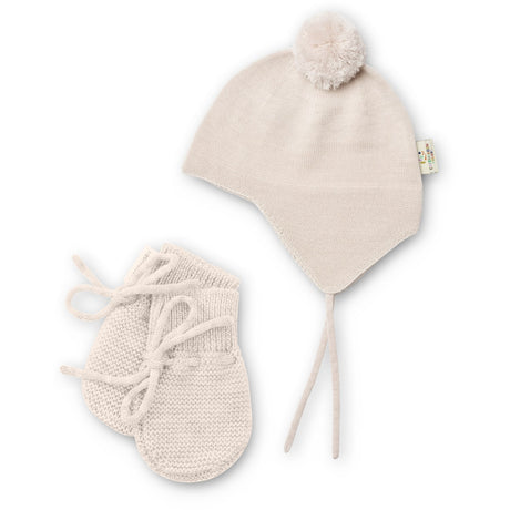COPENHAGEN COLORS Pale Cream Melange Merino Stickad Baby Bonnet M/ Pompom + Baby Vantar