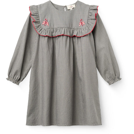 COPENHAGEN COLORS Grey Check Comb Long-Sleeved Klänning Med All-Over Embroidery