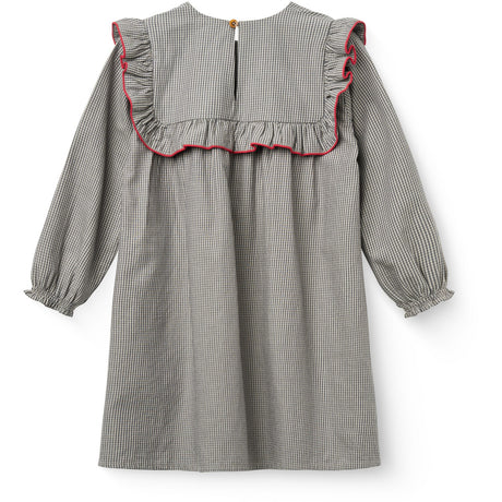COPENHAGEN COLORS Grey Check Comb Long-Sleeved Klänning Med All-Over Embroidery