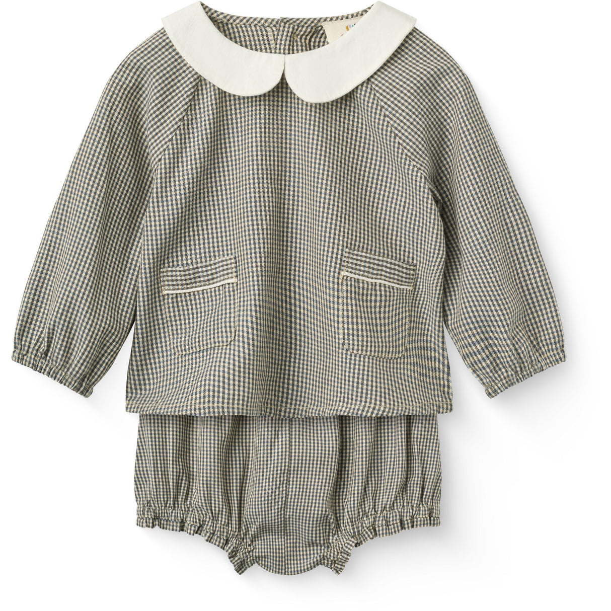 COPENHAGEN COLORS Brown/Sky Check Comb. Checkered Baby Sett M/ Blus & Bloomers