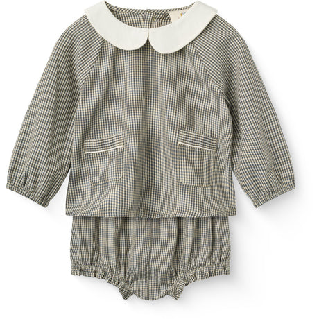 COPENHAGEN COLORS Brown/Sky Check Comb. Checkered Baby Sett M/ Blus & Bloomers