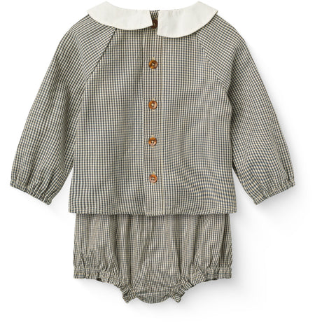 COPENHAGEN COLORS Brown/Sky Check Comb. Checkered Baby Sett M/ Blus & Bloomers