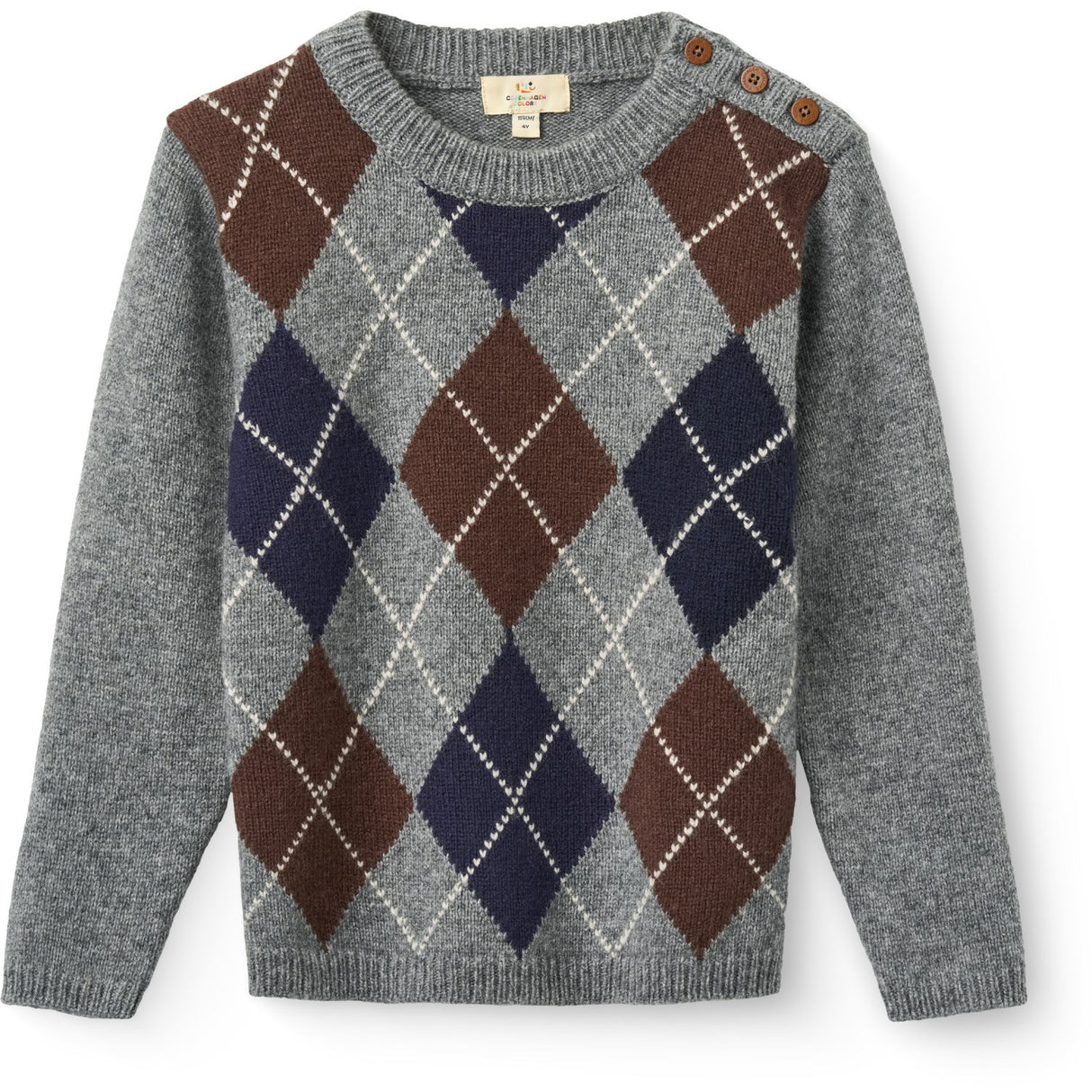COPENHAGEN COLORS Grey Mel./Dk. Brown/Navy Comb. Argyle Stickad Pullover
