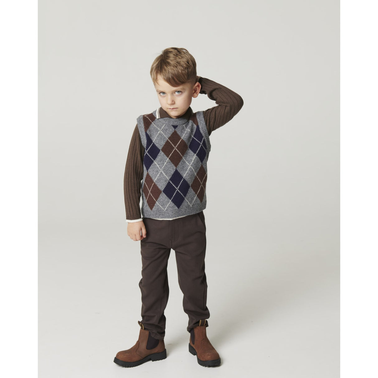 COPENHAGEN COLORS Grey Mel./Dk. Brown/Navy Comb. Argyle Stickad Väst