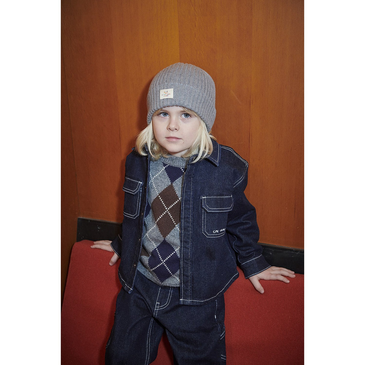 COPENHAGEN COLORS Grey Mel./Dk. Brown/Navy Comb. Argyle Stickad Pullover