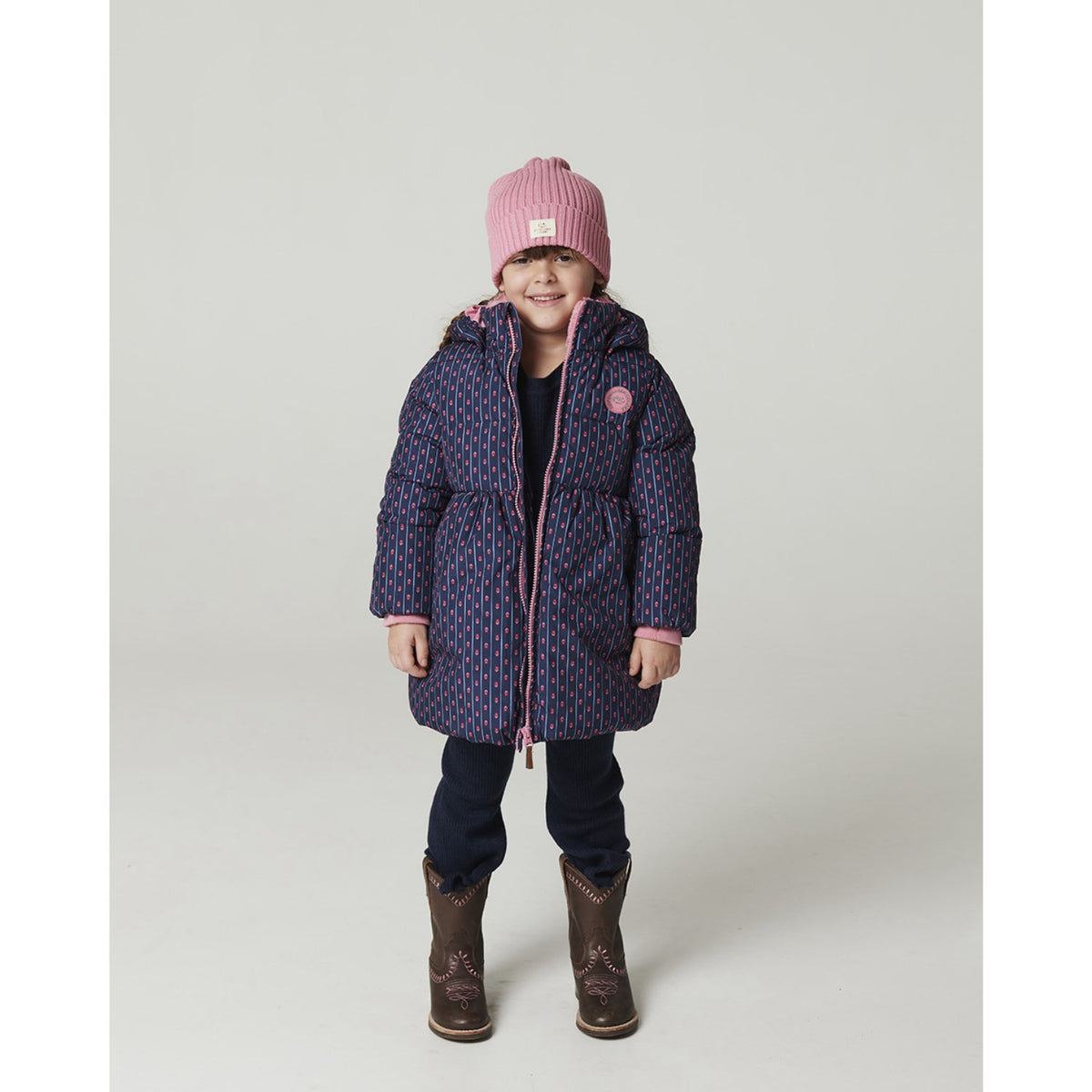 COPENHAGEN COLORS Navy Flower Aop Puffer Long Frill Jacka M/ Teddy Lining