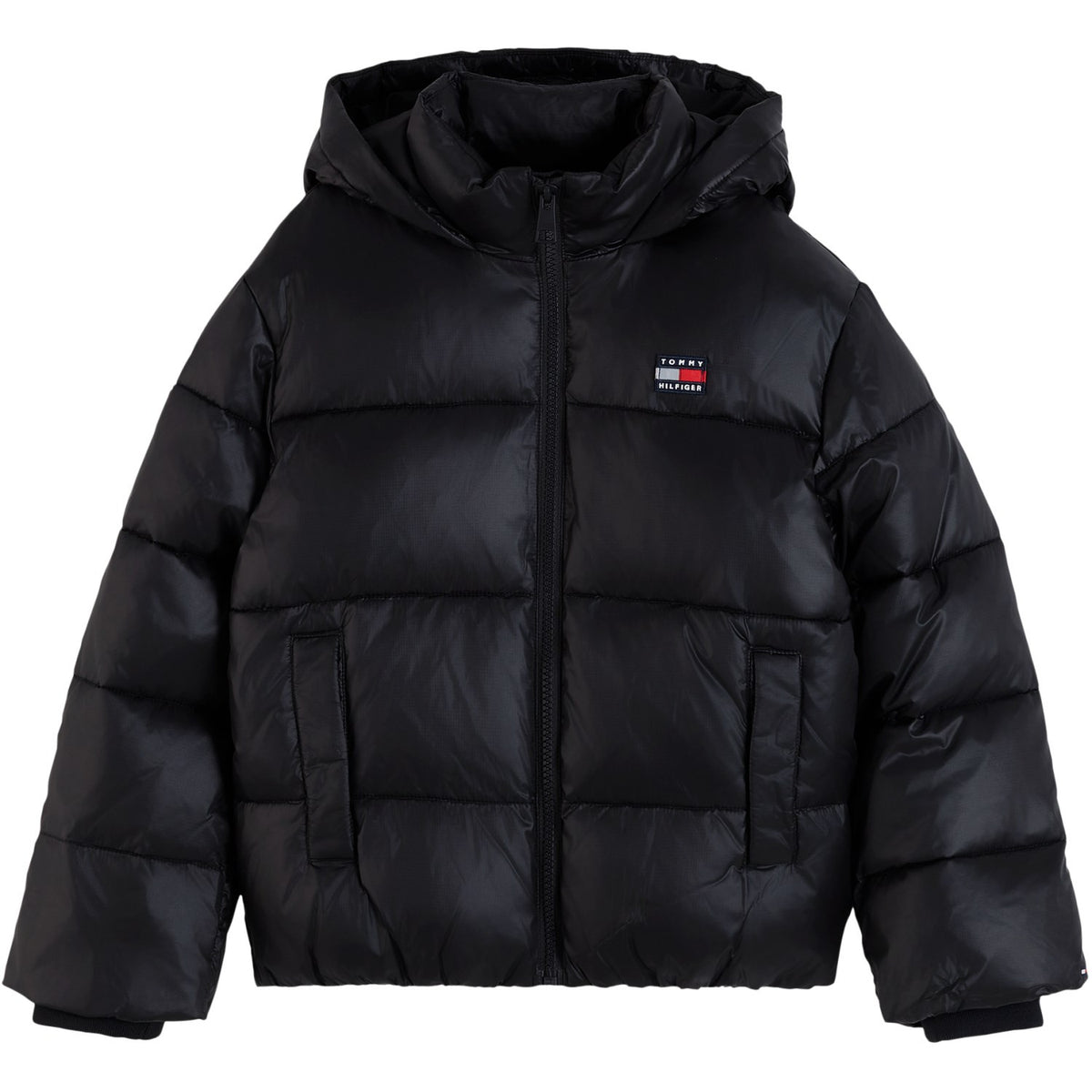 Tommy Hilfiger Black-Black Hooded Shiny Puffer Jacka