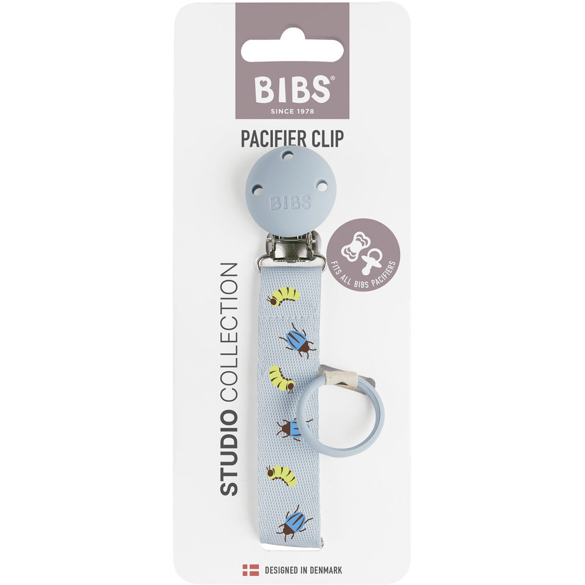 Bibs Dusty Blue Studio Napp Clip Ribbon Caterpillar Beetle Mix