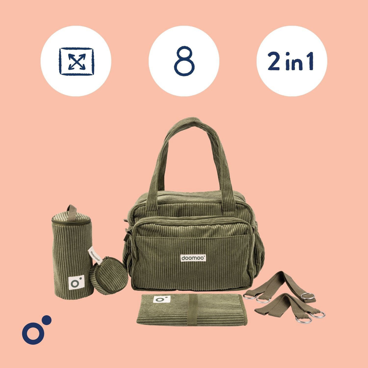 Doomoo Corduroy Khaki Diaper Väska Med 8 Tillbehör